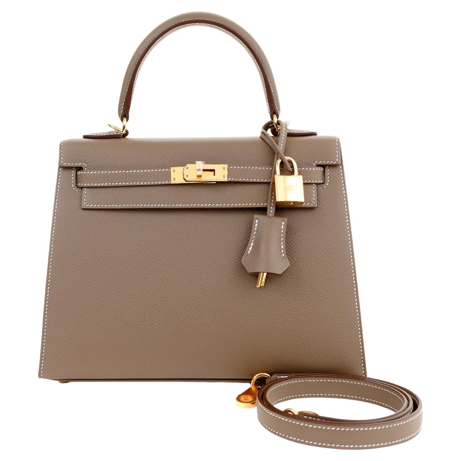 Hermès Etain 25 cm Madame Sellier Kelly with Gold Hardware For Sale