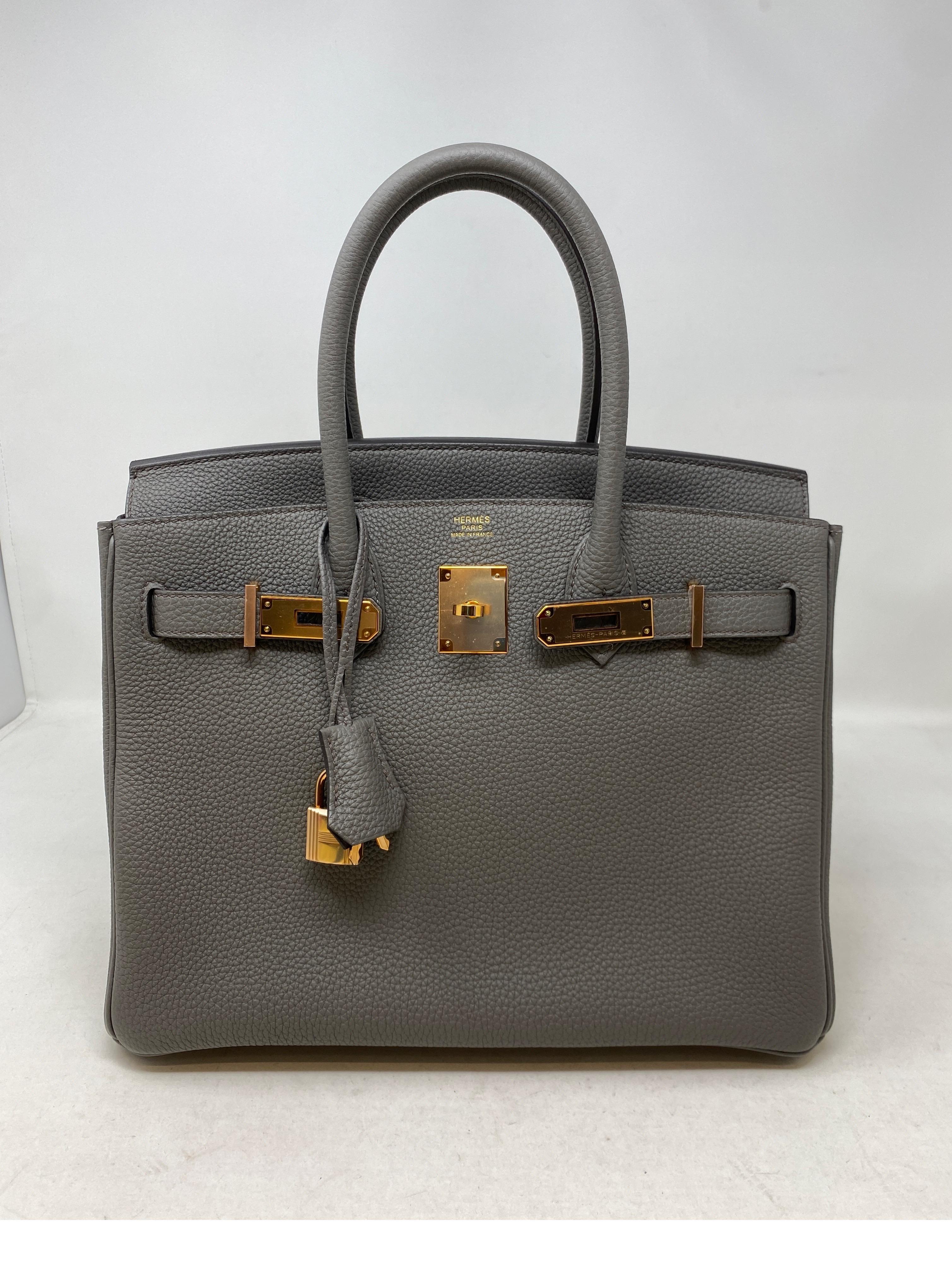 Hermes Etain Birkin 30 Bag. Gorgeous dark grey etain color. Togo leather with rare rose gold hardware. New Hermes Birkin. Most wanted size 30. Rare combination. Full set. Includes clochette, lock, keys, dust bag and box. . Guaranteed authentic. 