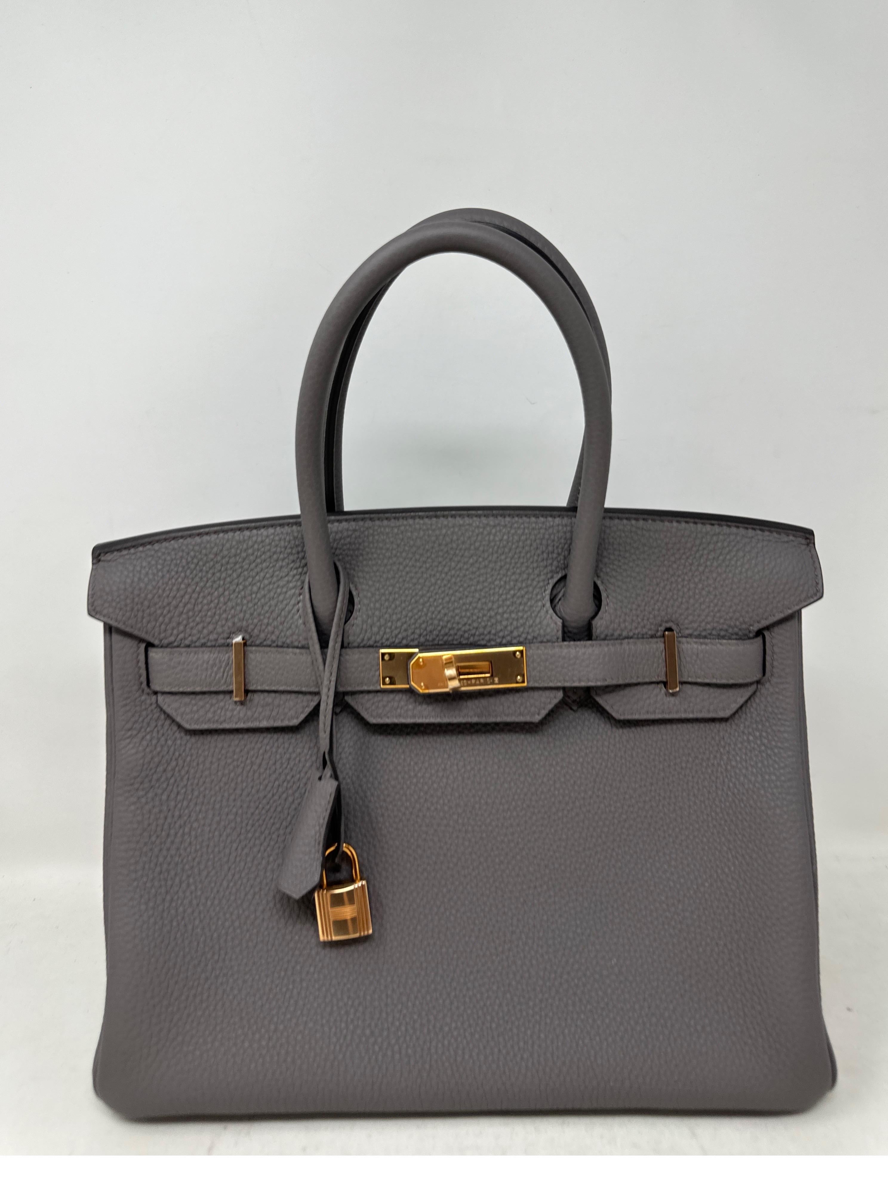 Hermes Etain Birkin 30 Bag. Rose gold hardware. Beautiful grey etain color togo leather bag. Rare combination color with hardware. New from 2019. Full set. Includes clochette, lock, keys, dust bag and box.  Guaranteed authentic. Great investment