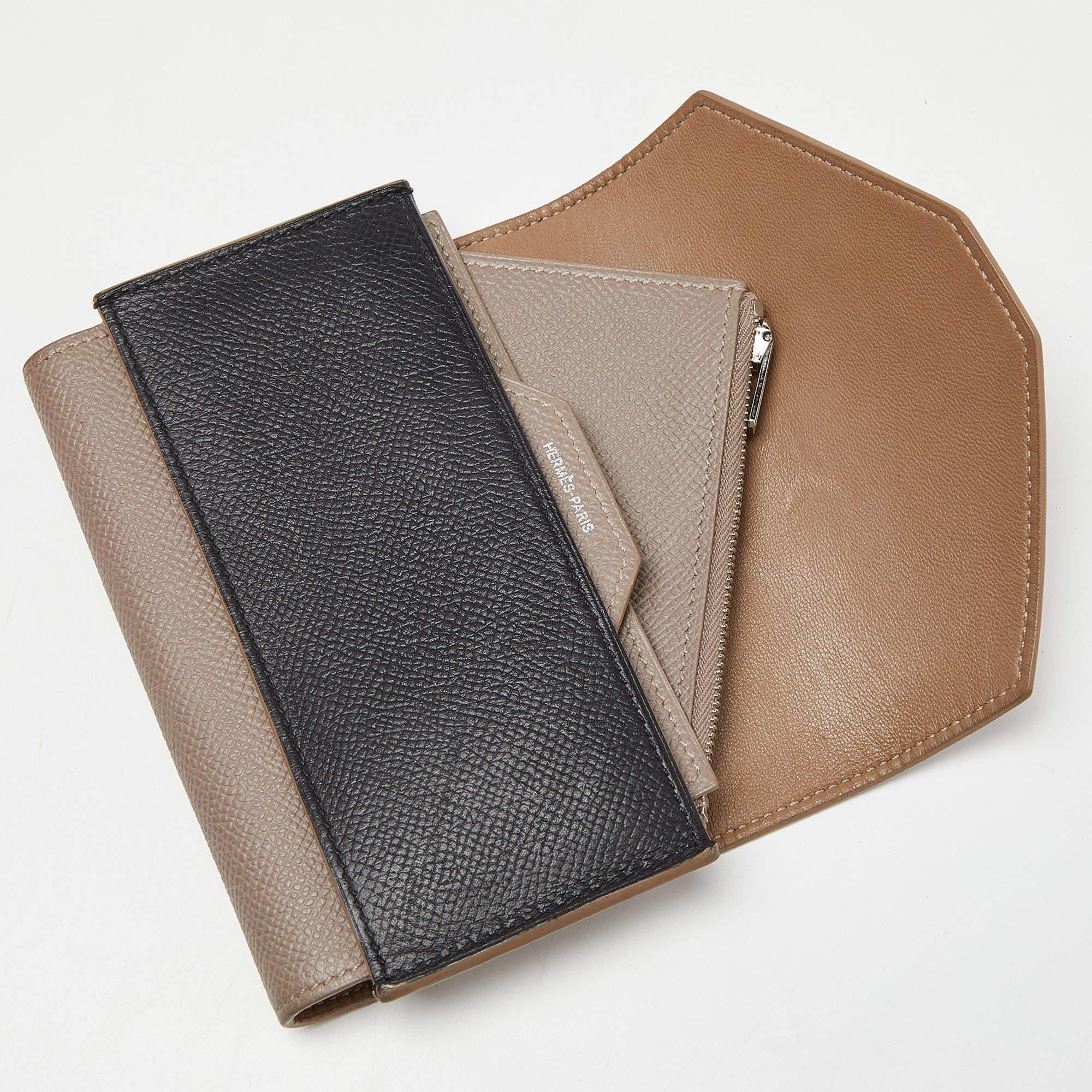 Hermès Etain/Black Epsom Leather Passant Compact Wallet For Sale 7
