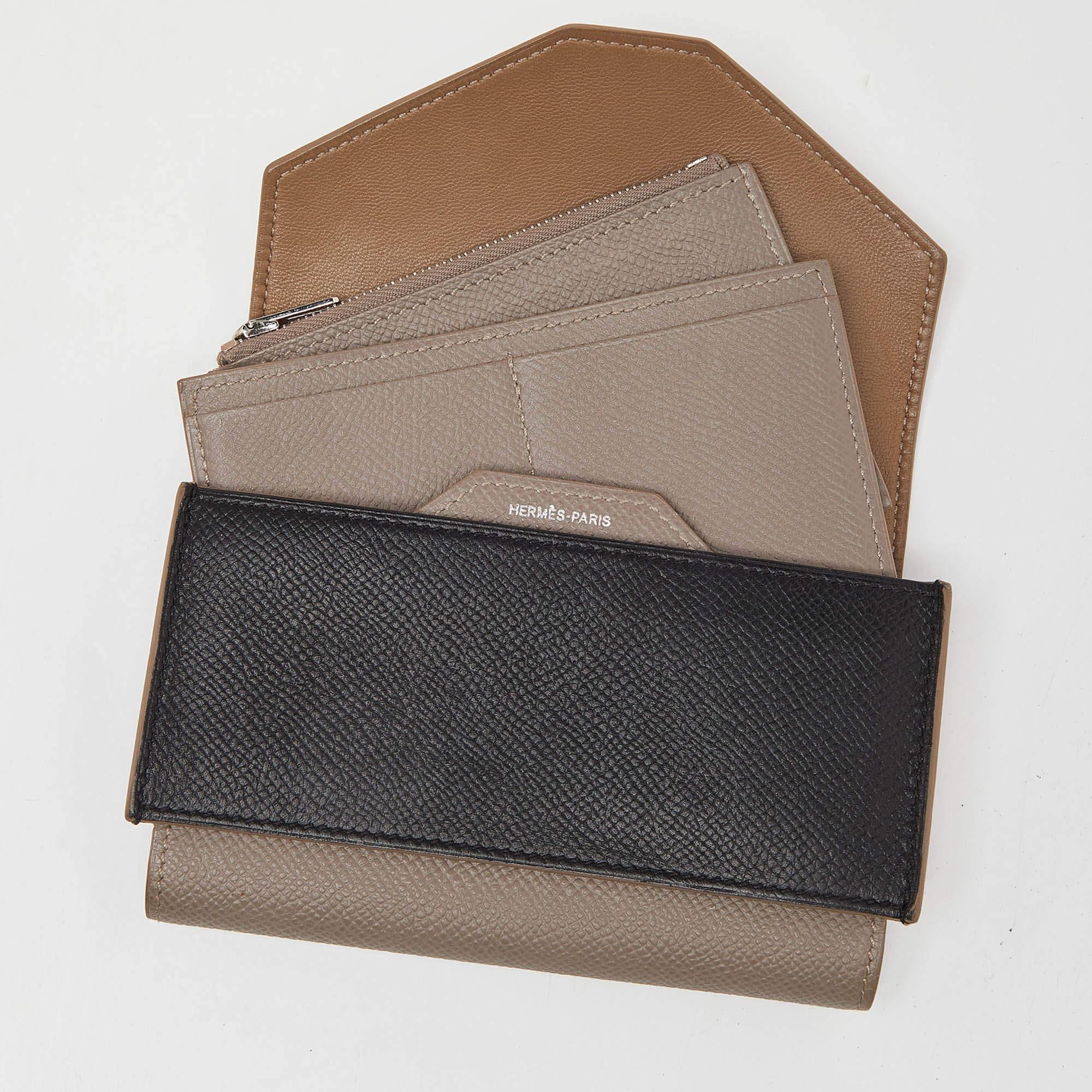 Hermès Etain/Black Epsom Leather Passant Compact Wallet For Sale 3