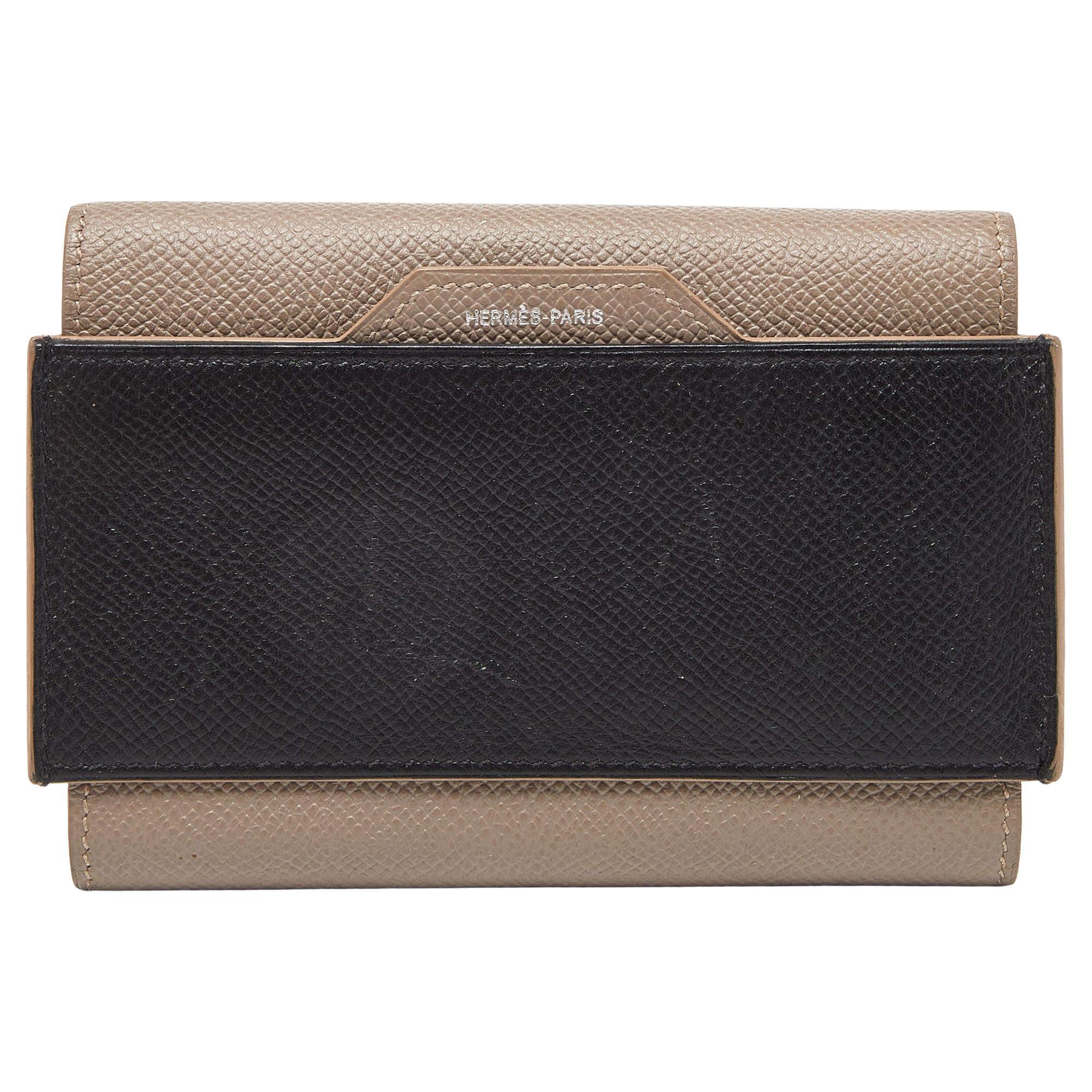 Hermès Etain/Black Epsom Leather Passant Compact Wallet For Sale