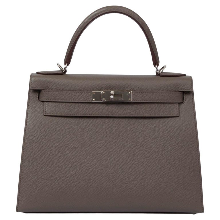 HERMES Etain grey Epsom leather KELLY 28 SELLIER Bag Phw For Sale