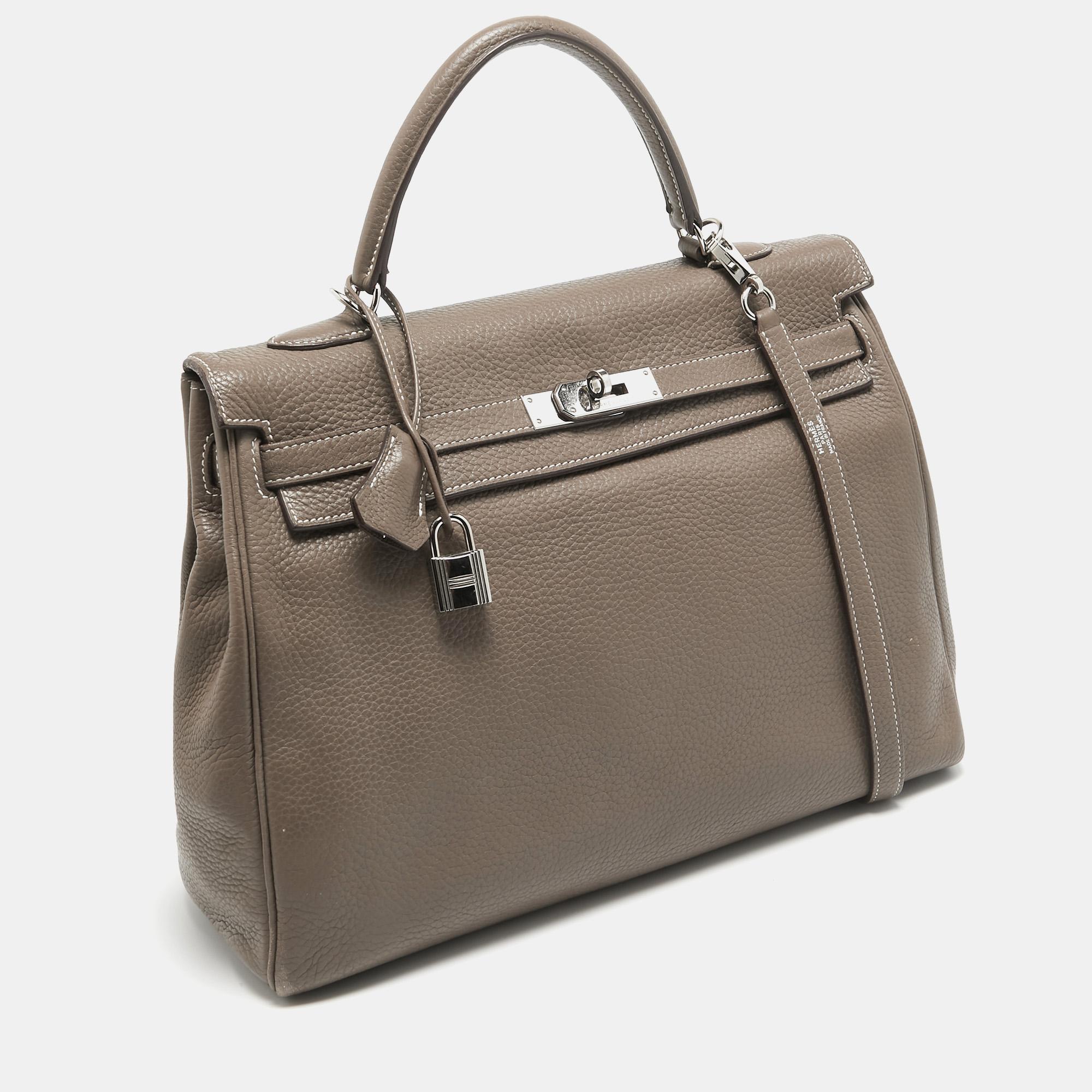 Gray Hermes Etain Taurillion Clemence Leather Palladium Finish Kelly Retourne 35 Bag For Sale
