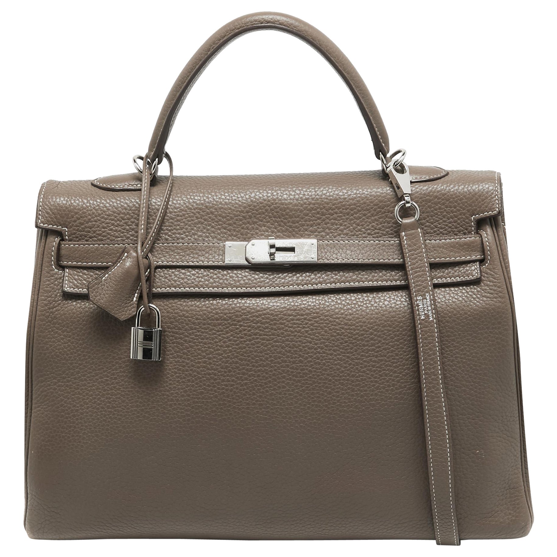Hermes Etain Taurillion Clemence Leather Palladium Finish Kelly Retourne 35 Bag
