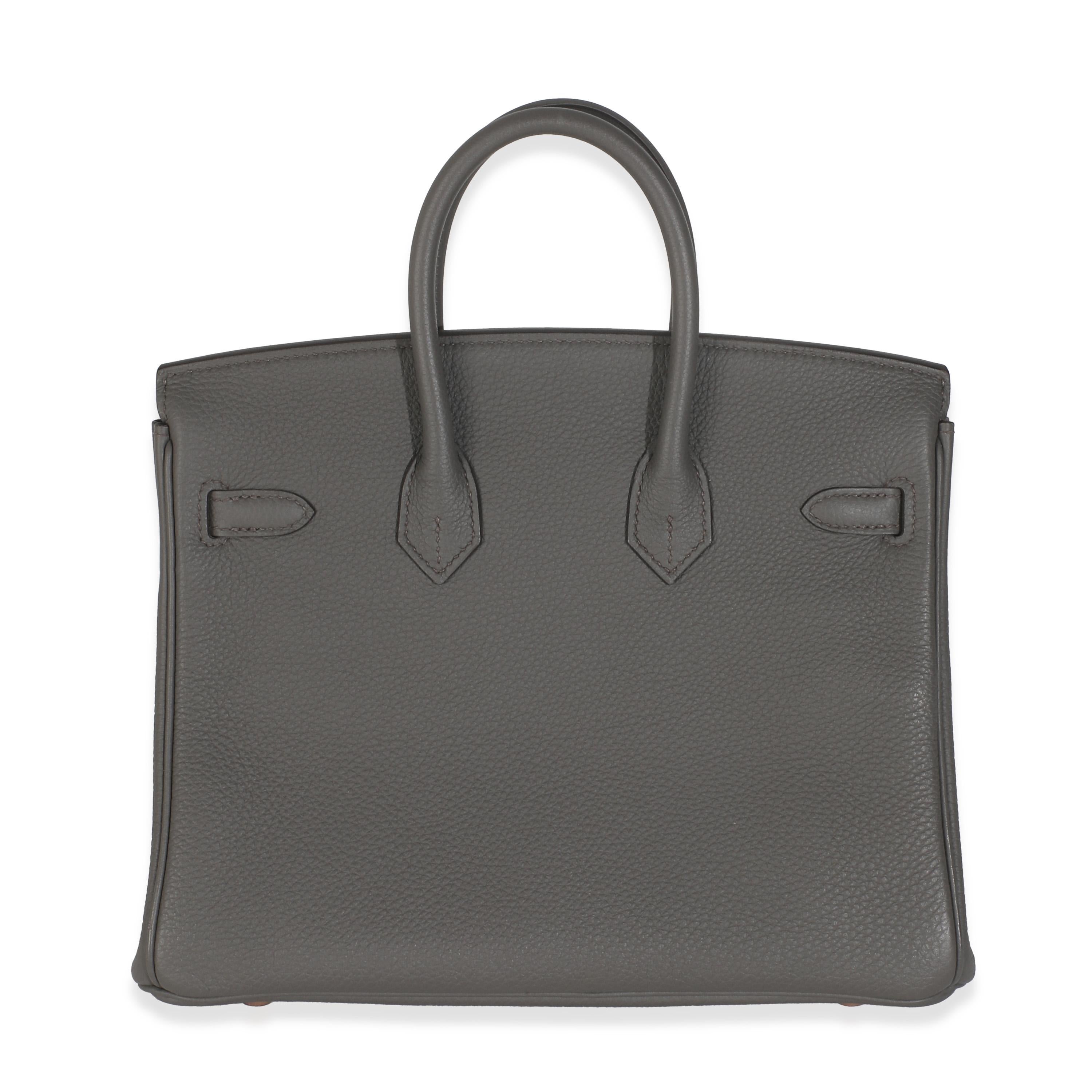 Listing Title: Hermès Etain Togo Birkin 25 RGHW
SKU: M146164
Condition: Pre-owned 
Condition Description: The elusive Birkin bag from Hermès was designed after then-artistic director, Jean-Louis Dumas, was sat next to Jane Birkin on a flight from