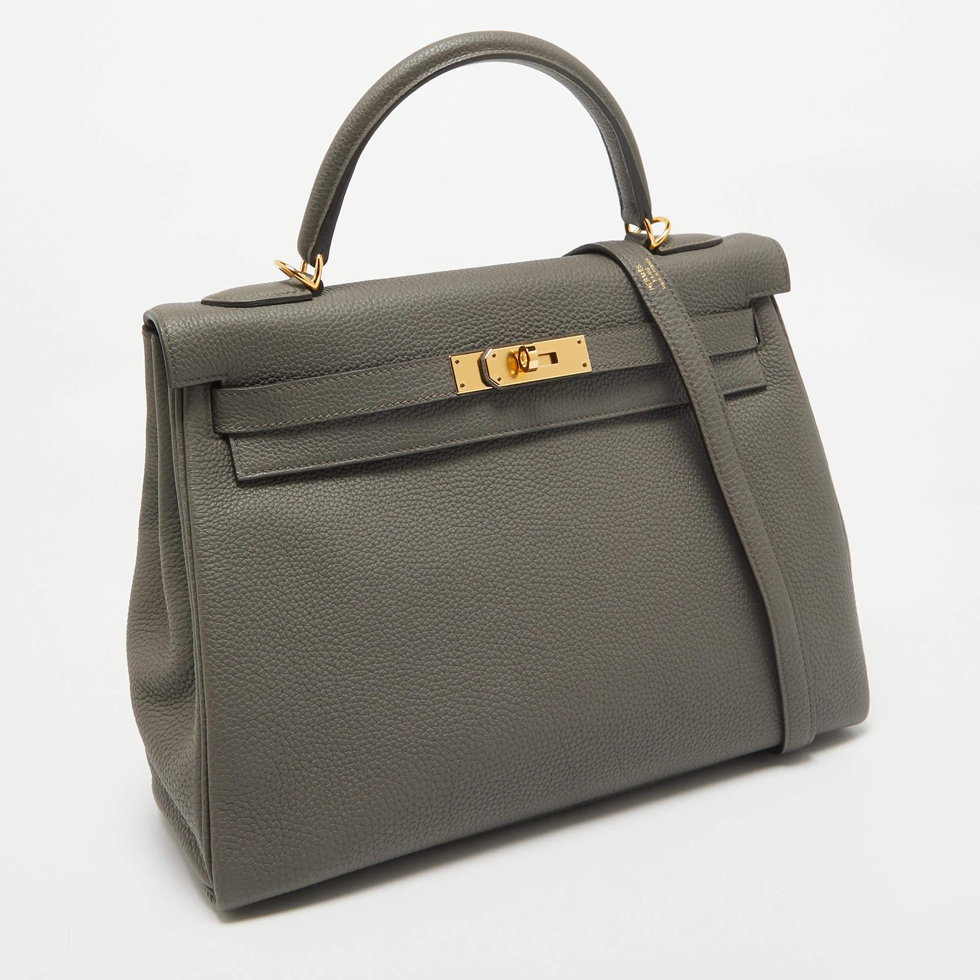 Gray Hermes Etain Togo Leather Gold Finish Kelly Retourne 32 Bag