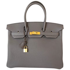 Hermès Étain Togo gris 35 cm en cuir de Birkin finitions métalliques dorées GHW NEUF