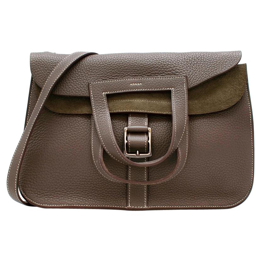 Hermes Etoupe Clemence Leather Halzan 31 Bag PHW For Sale