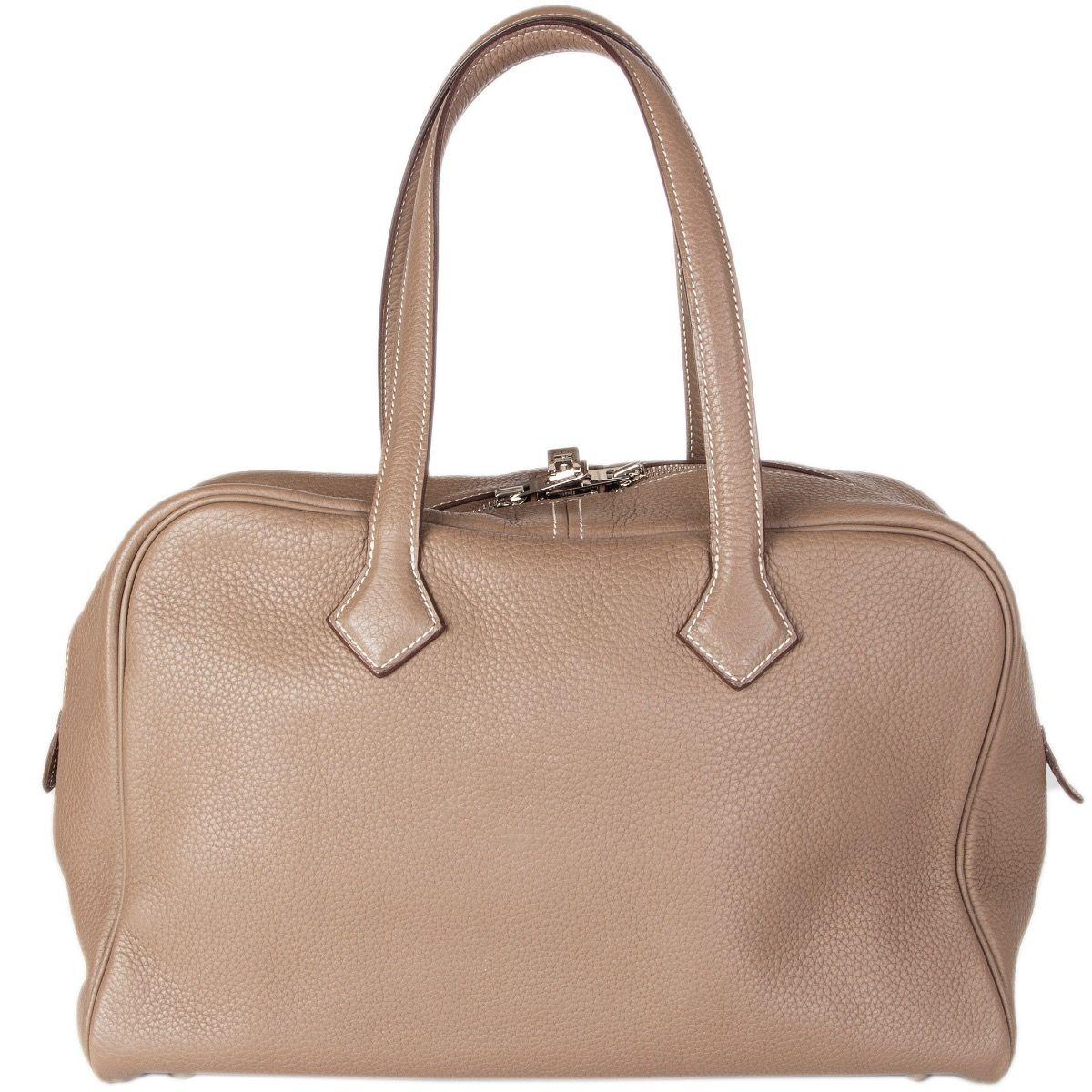 Brown HERMES Etoupe Clemence leather VICTORIA FOURRE-TOUT 35 Shoulder Bag