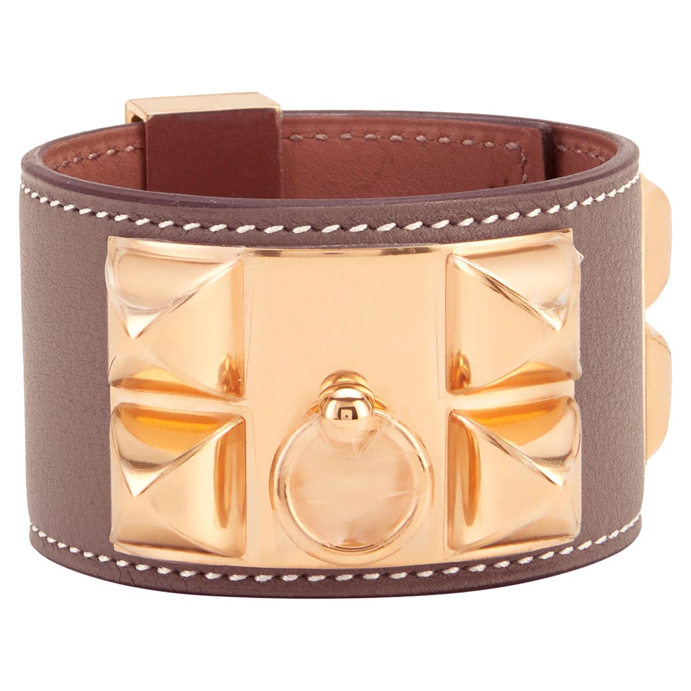 Hermes Etoupe Collier de Chien CDC Taupe Rose Gold Hardware Cuff Bracelet 