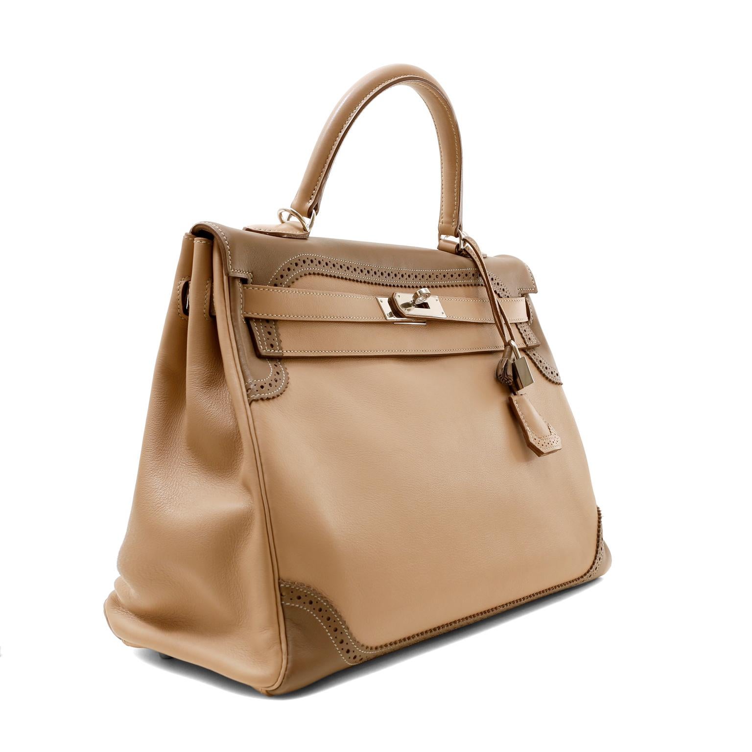  Hermès Etoupe Etain Swift Ghillies 35 cm Limited Edition Kelly Bag (Braun) im Angebot