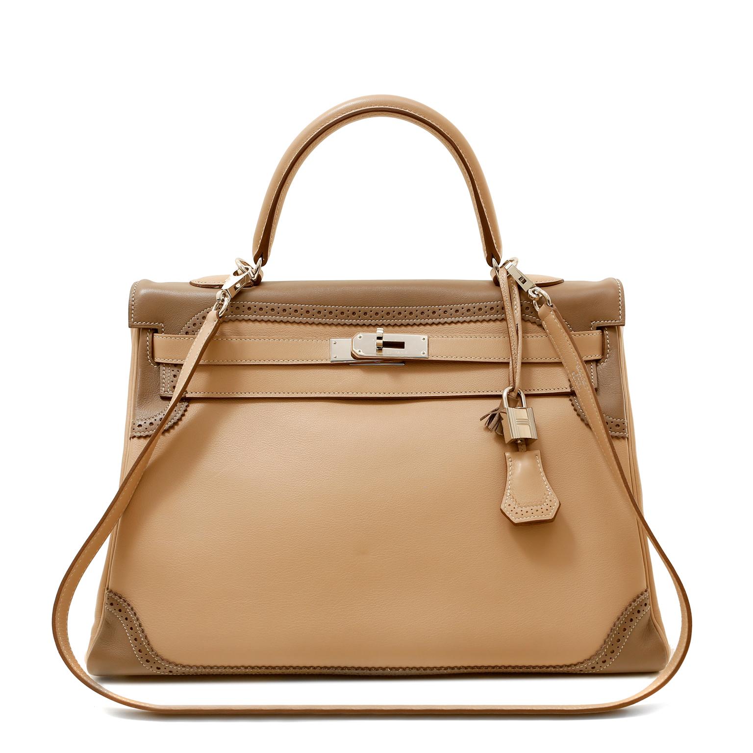 Brown  Hermès Etoupe Etain Swift Ghillies 35 cm Limited Edition Kelly Bag For Sale