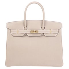 HERMES Etoupe grey Togo leather & Gold BIRKIN 35 Bag