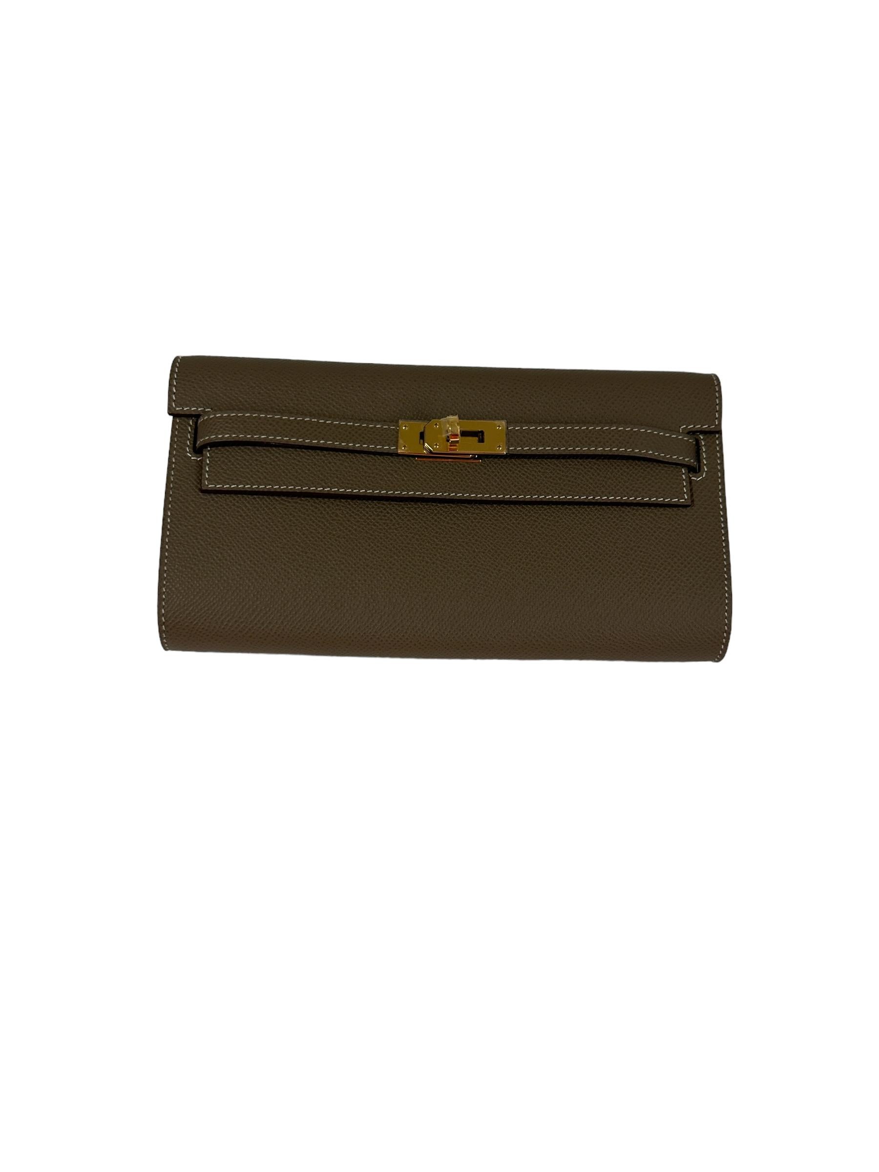 Hermes Etoupe Kelly To Go Bag Wallet Epsom Gold Hardware New Strap 2