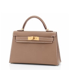 Hermes Etoupe Mini Kelly 20cm Epsom Bag Gold Hardware New in Box