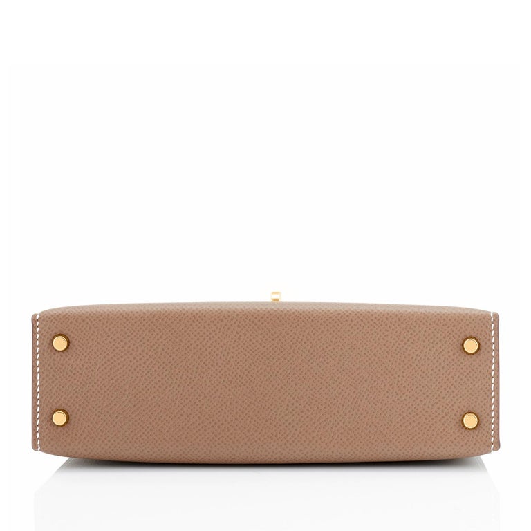 Hermes Etoupe Mini Kelly 20cm Epsom Bag Gold Hardware New in Box For Sale 2
