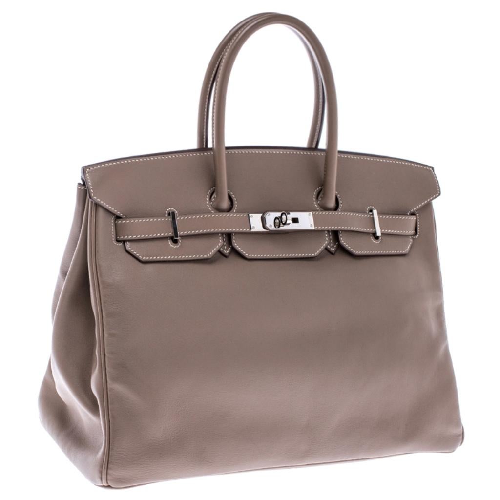 Hermes Etoupe Swift Leather Palladium Hardware Birkin 35 Bag In Good Condition In Dubai, Al Qouz 2