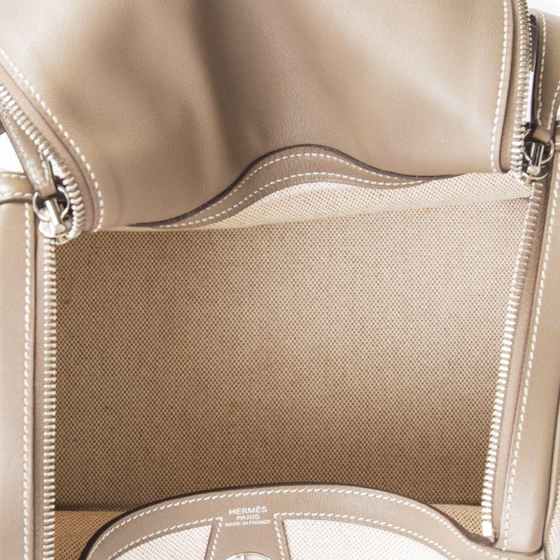 Beige HERMES Etoupe Swift leather & Toile Canvas LINDY 30 Shoulder Bag