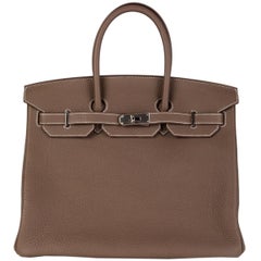 HERMES Etoupe taupe gris Togo cuir & Palladium BIRKIN 35 Tote Bag