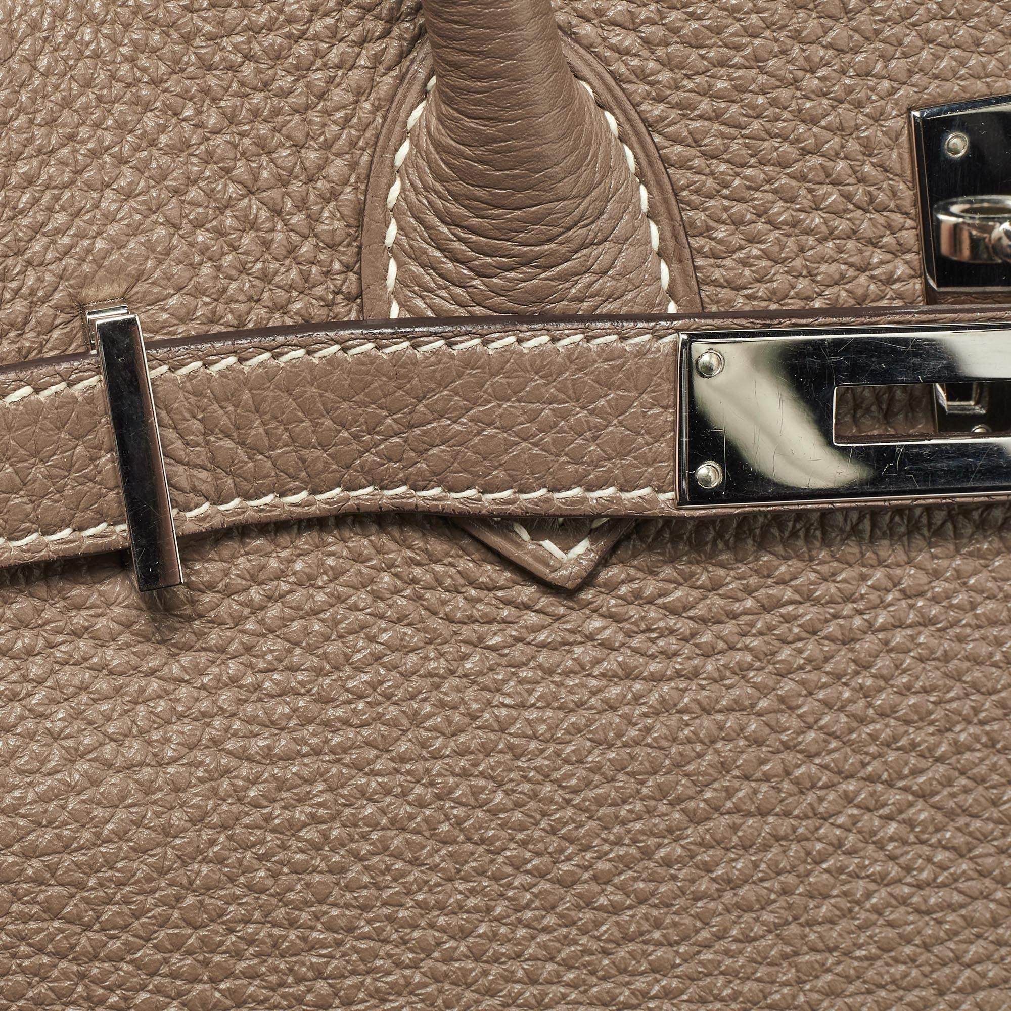Hermes Etoupe Taurillion Clemence Birkin 30 Tasche aus Leder mit Palladium-Finish im Angebot 7