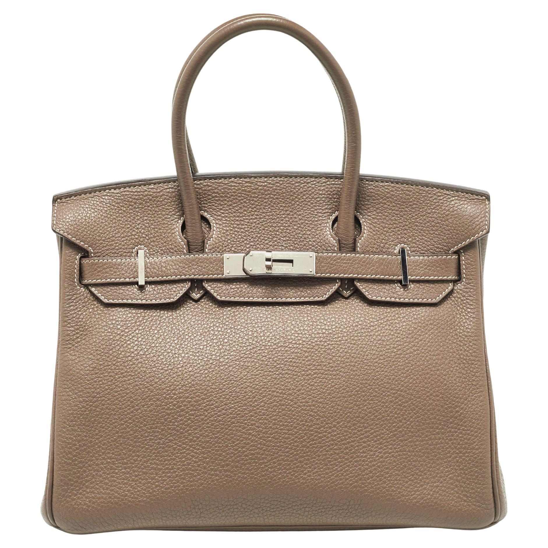 Hermes Etoupe Taurillion Clemence Leather Palladium Finish Birkin 30 Bag For Sale