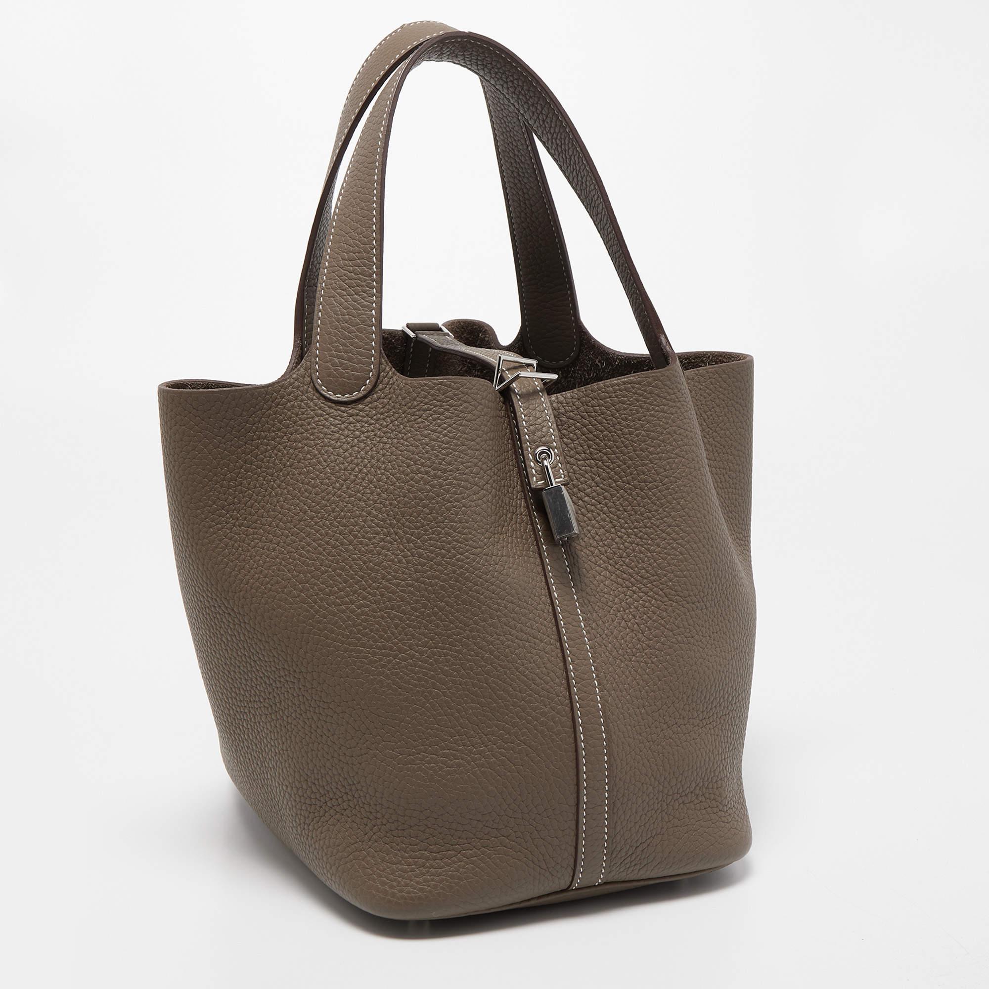 Women's or Men's Hermes Etoupe Taurillon Clemence Leather Picotin Lock 22 Bag