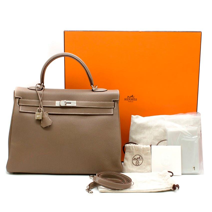 Hermes Kelly 34cm Etoupe Togo leather bag

- Serial Number: [P]
- Age (Circa): 2012
- Etoupe-brown, Togo leather 
- Top leather handle, detachable shoulder strap 
- Dark-brown lacquered edges, signature palladium plated hardware 
- Signature