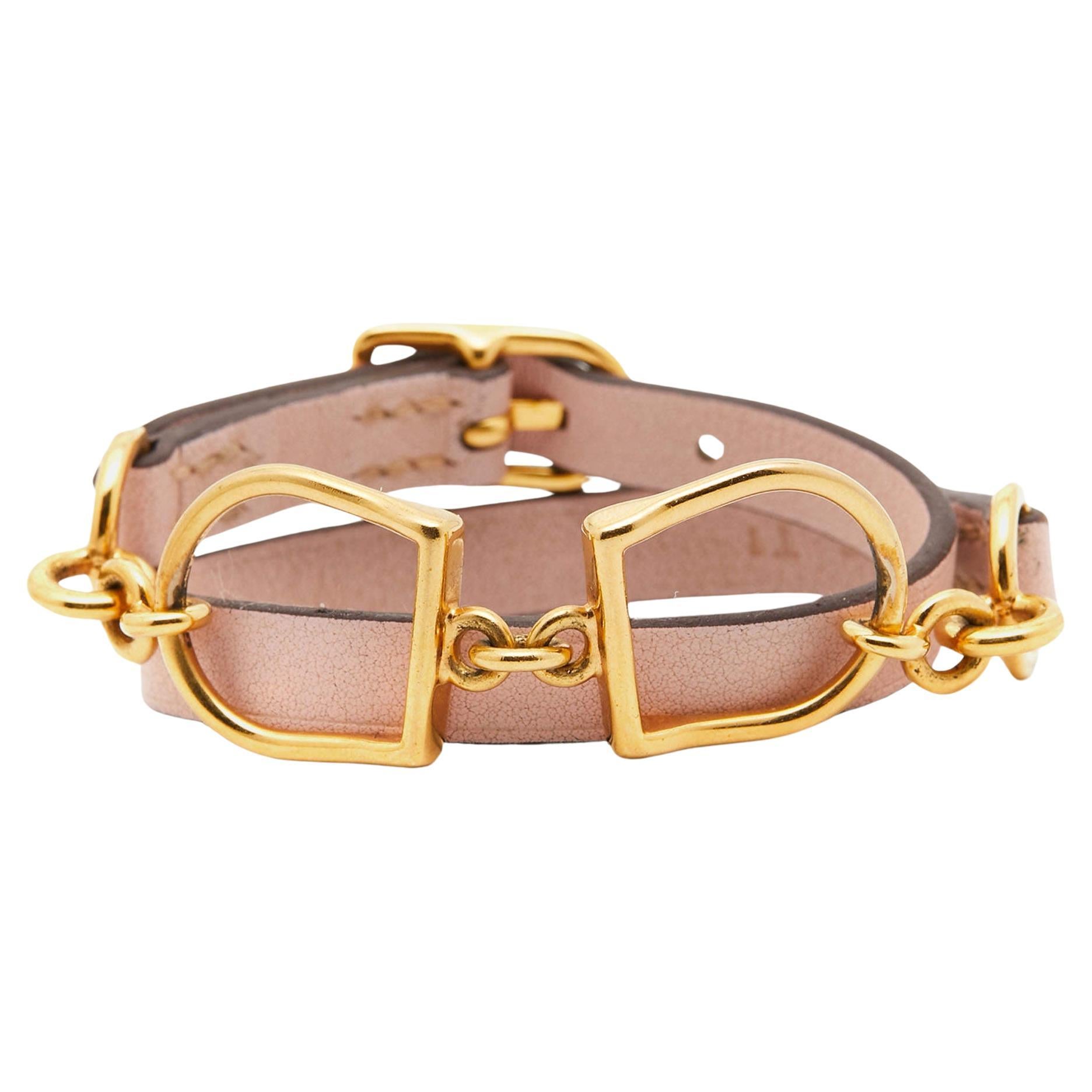 Hermès Etrier Leder Gold-Ton Double Tour Armband