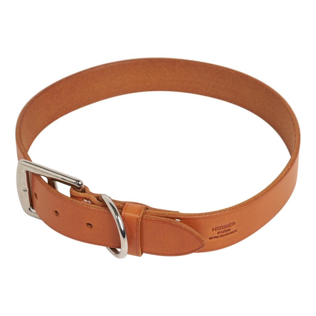 Guaranteed authentic Hermes Etriviere dog collar featured in Natural Sable natural bridle leather.
Buckle is stirrup shape. 
D ring for a leash. 
2cm silver plated stainless steel medal stamped Hermes Sellier Paris. 
Comes with saddle leather oil.