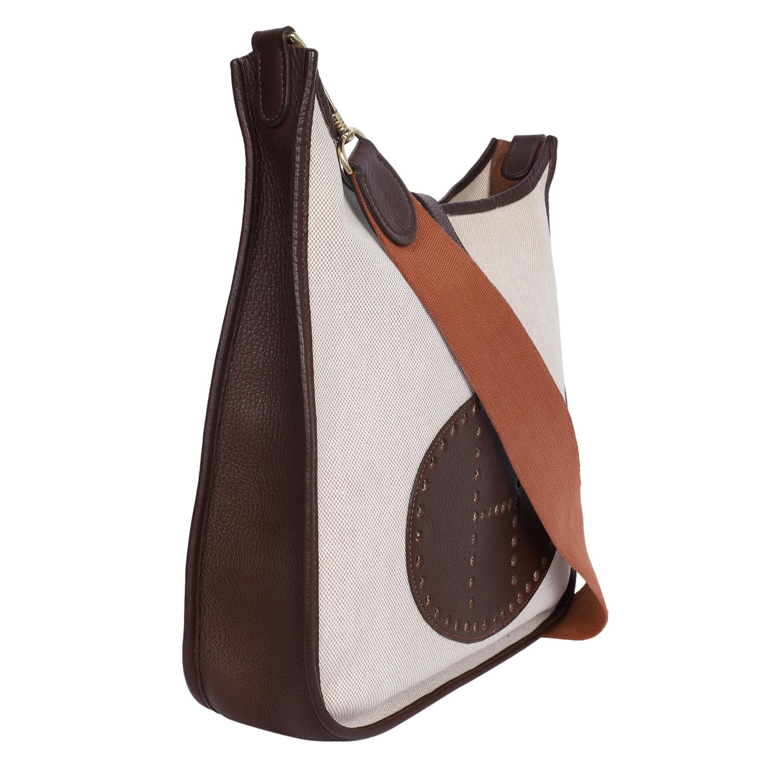 Women's Hermes Evelyne Bag Gen I Toile and Brown Leather Shoulder Bag For Sale