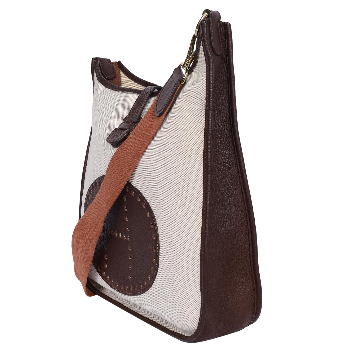 Hermes Evelyne Bag Gen I Toile and Brown Leather Shoulder Bag For Sale 1