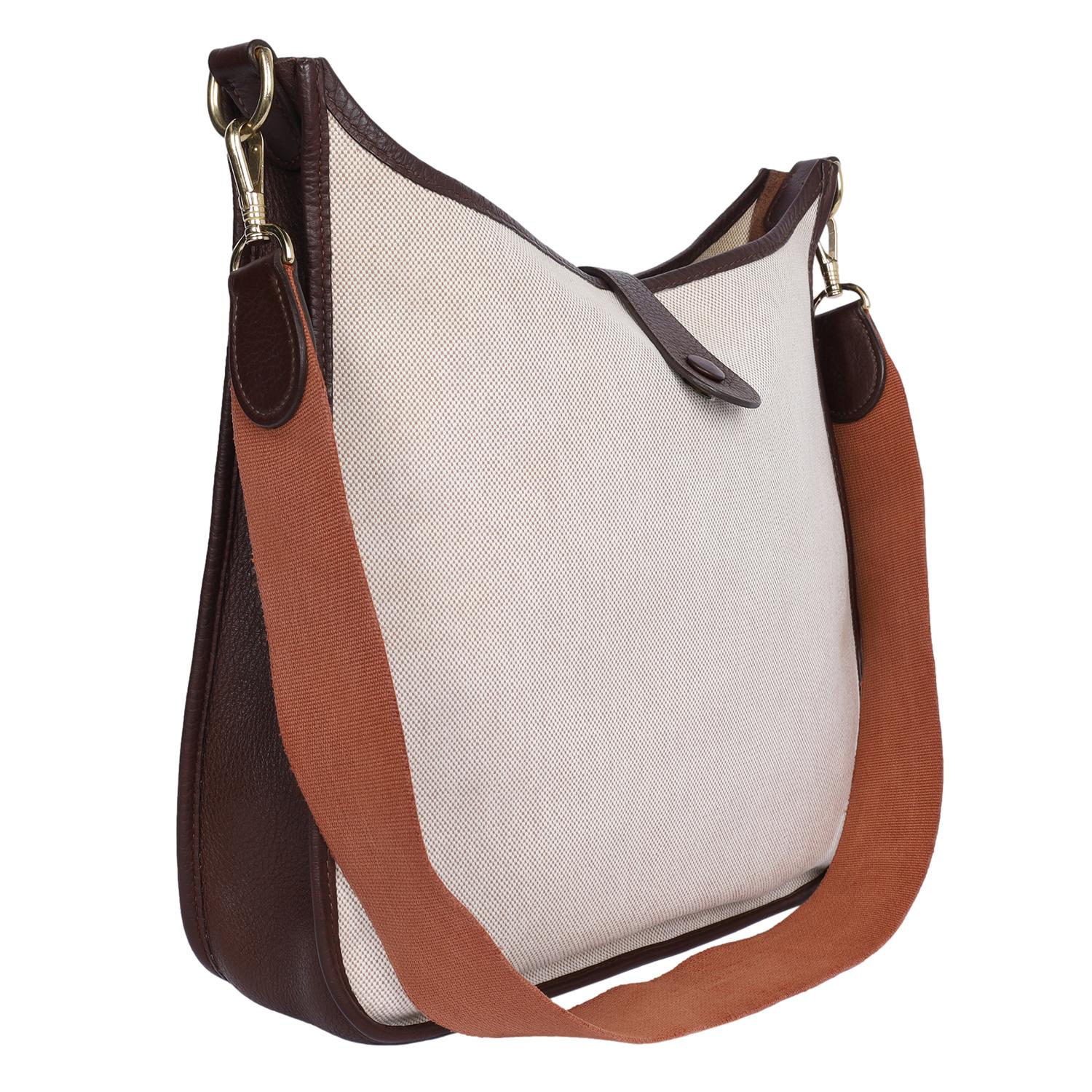 Hermes Evelyne Bag Gen I Toile and Brown Leather Shoulder Bag For Sale 3