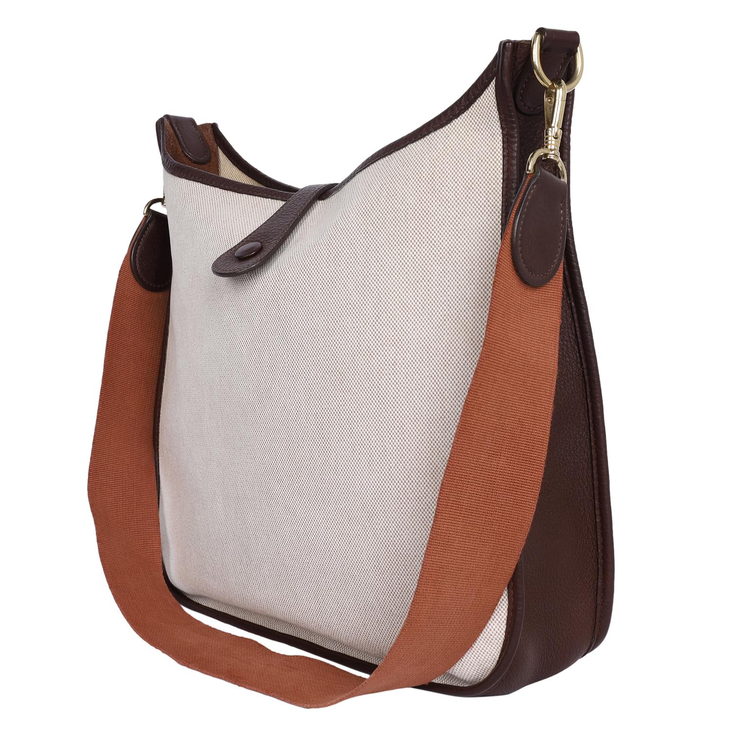 Hermes Evelyne Bag Gen I Toile and Brown Leather Shoulder Bag For Sale 4
