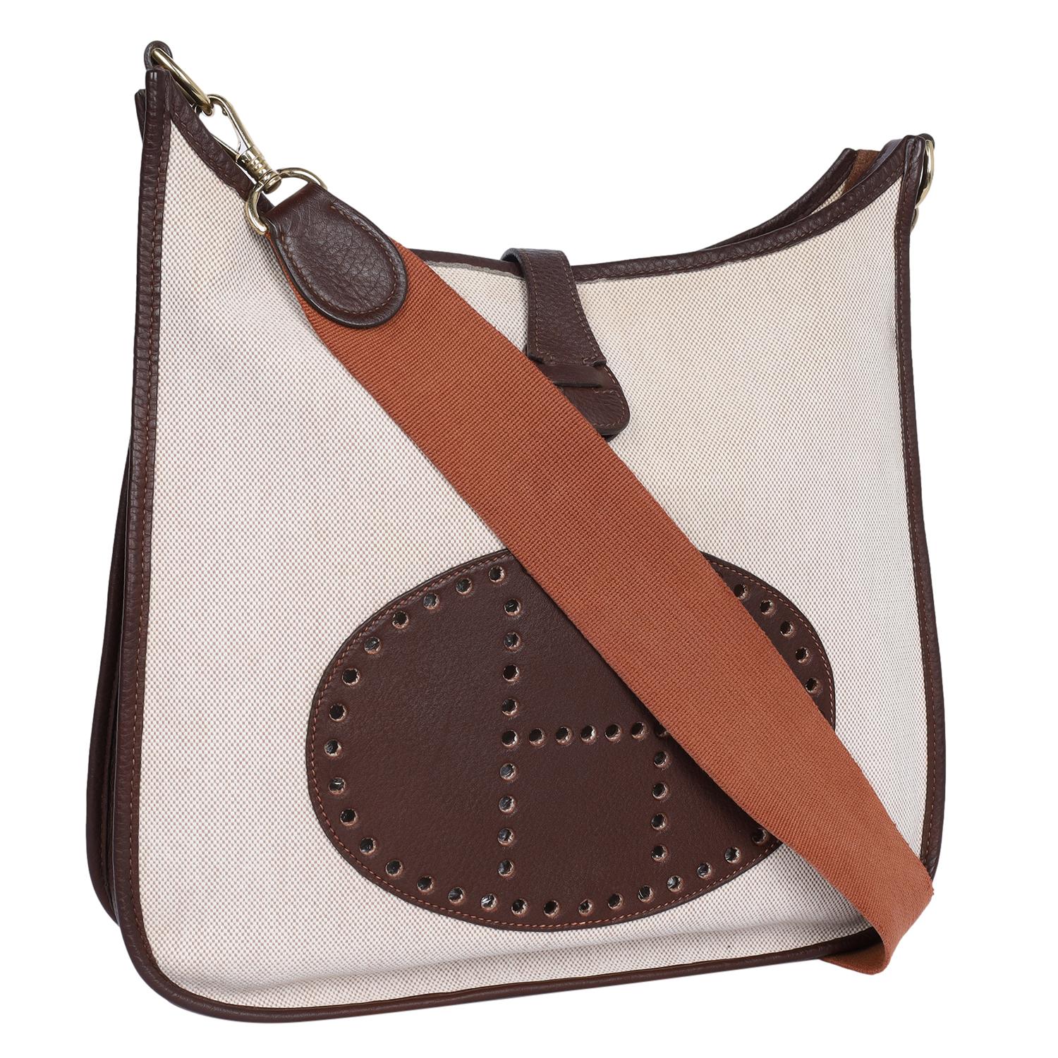 Hermes Evelyne Bag Gen I Toile and Brown Leather Shoulder Bag For Sale
