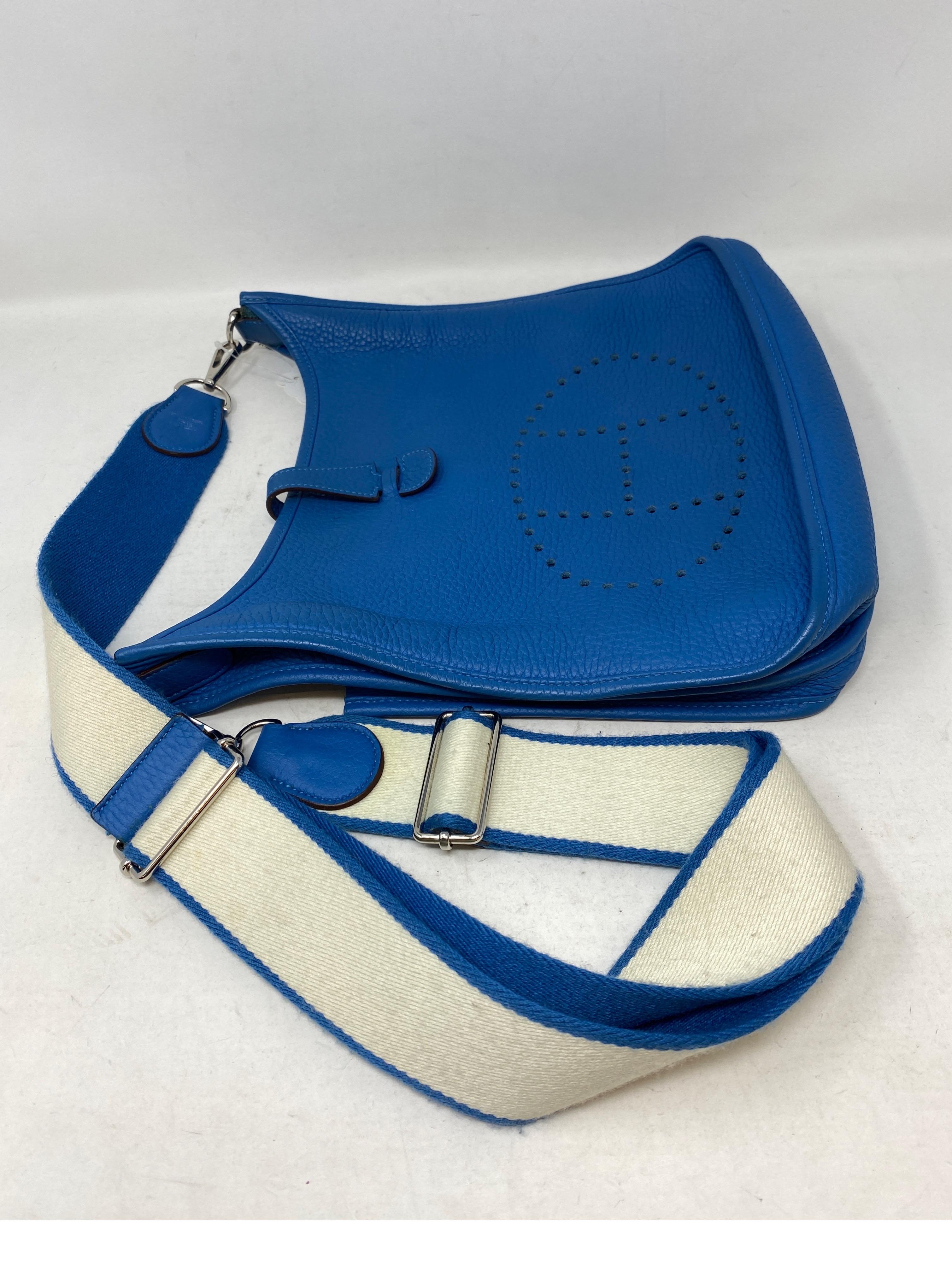 Hermes Evelyne Blue PM Bag. Clemence leather. Unique 2-tone strap. Series 3 Bag. Newer Evelyne. Palladium hardware. Guaranteed authentic. 