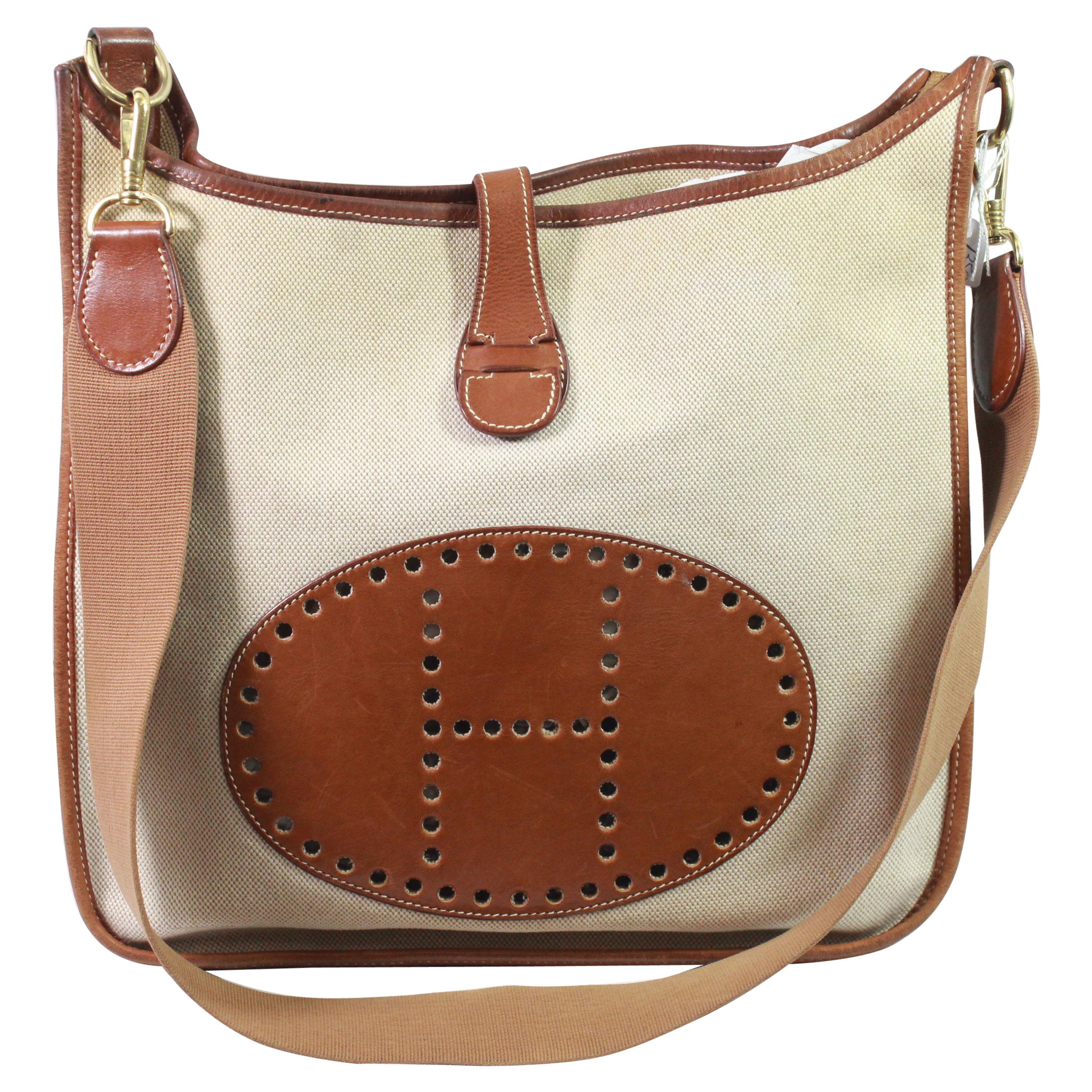 Hermes Evelyne GM Beige Canvas and Brown Grained Leather
