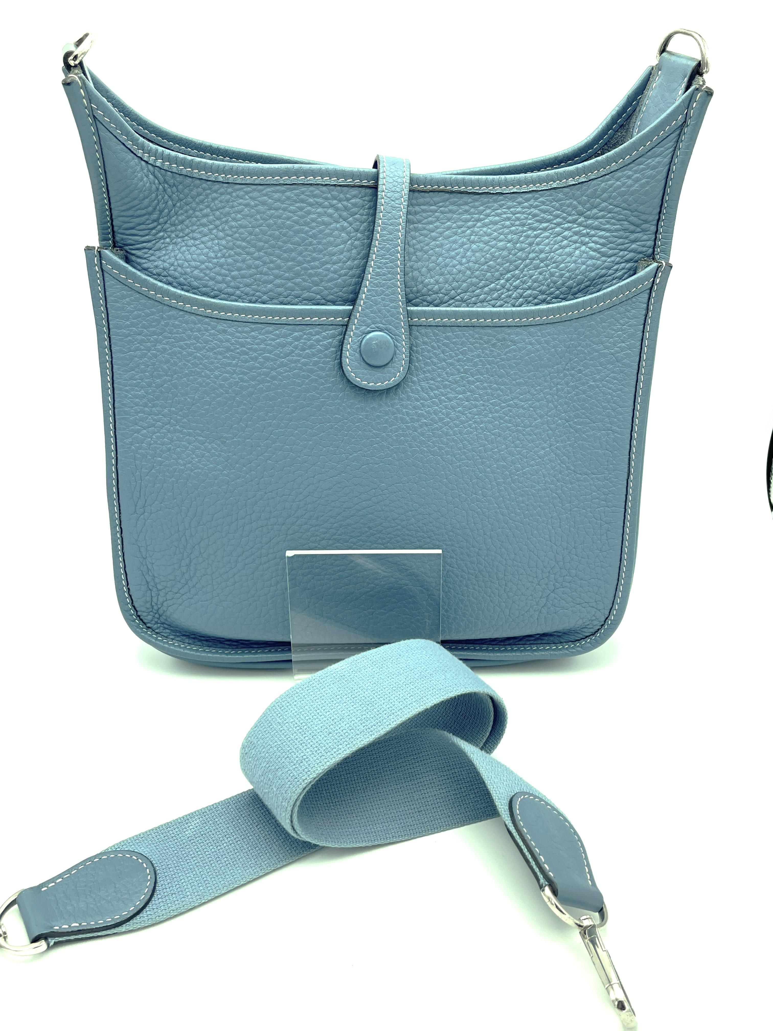 Hermès Silver Evelyne GM Umhängetasche, Messenger Bag, Clemens Leder Blue Jeans, 