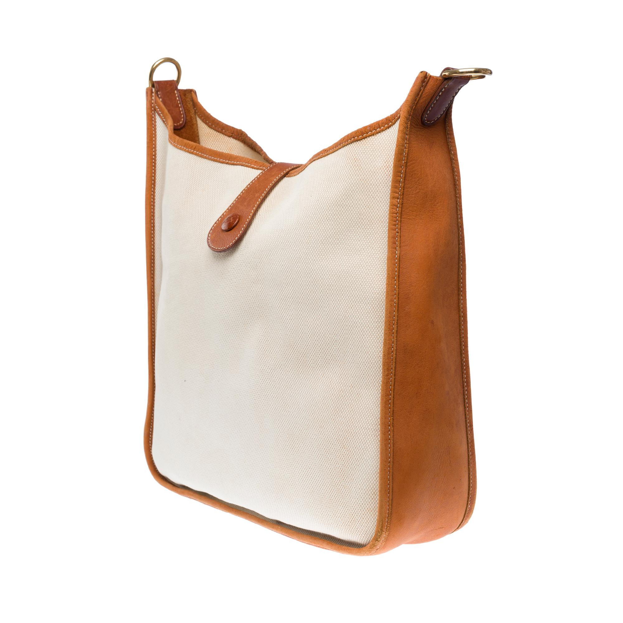Hermès Evelyne GM  shoulder bag in beige canvas and brown barenia leather , GHW 1