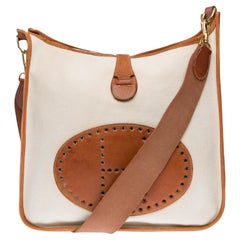 Hermès Evelyne GM shoulder bag in beige canvas and brown barenia leather , GHW