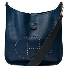 Used Hermès Evelyne GM  shoulder bag in Navy Blue Taurillon Clemence leather, GHW