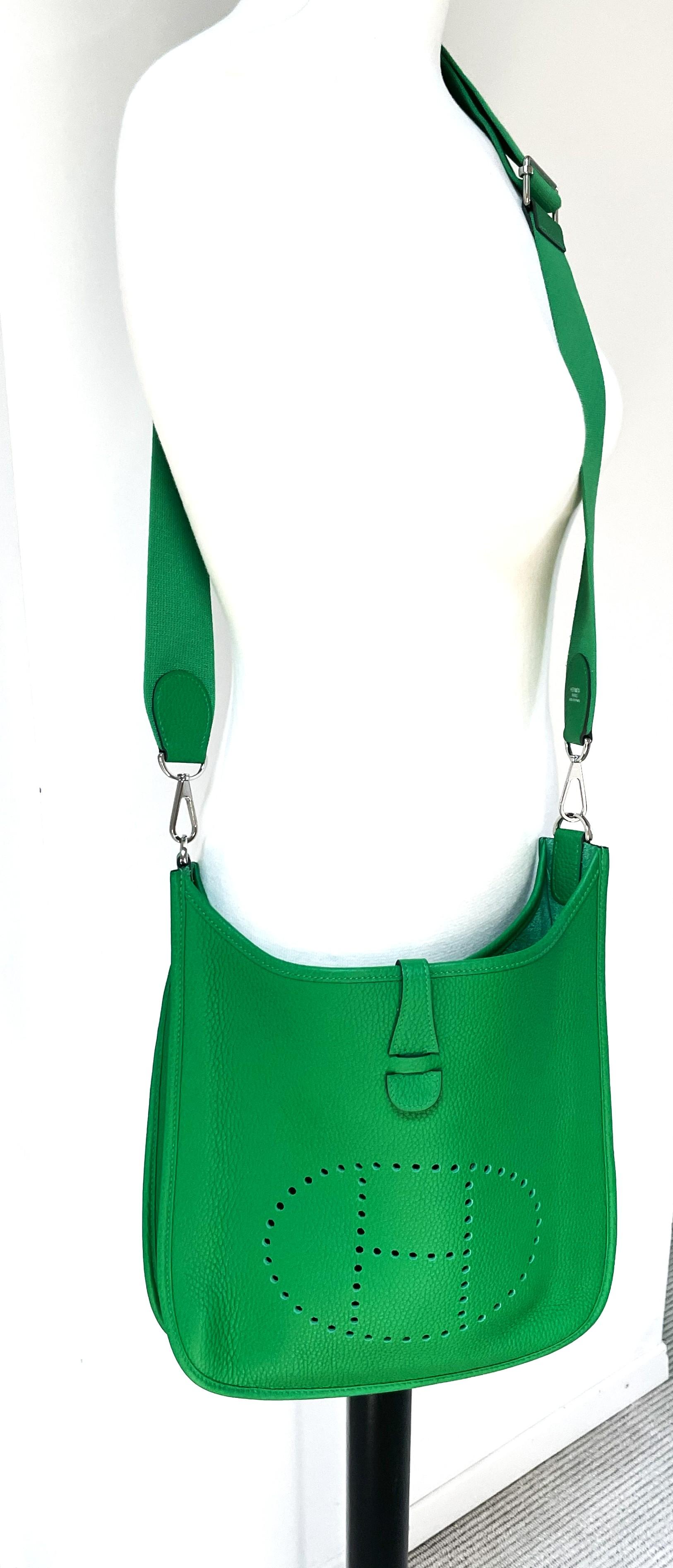 Green HERMÉS EVELYNE III SHOULDER BAG, Togo leather, green/bambo, PM , stamp 2004