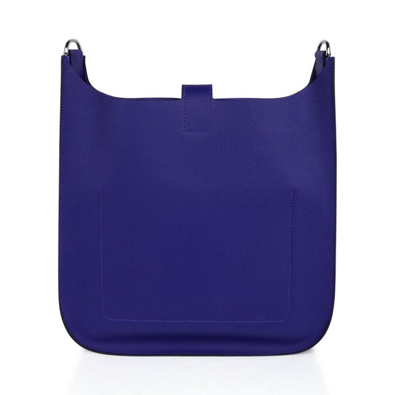 NEW HERMES Mini Evelyne TPM Bag Etoupe w/ Blue Indigo Strap Palladinum  Hardware