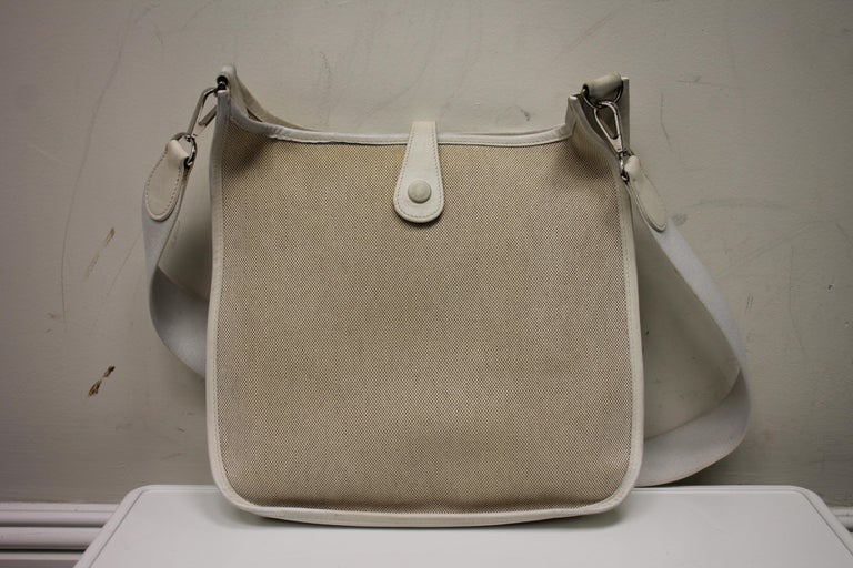 Hermes Evelyne Pm White Leather/Canvas Shoulder Bag For Sale at 1stDibs