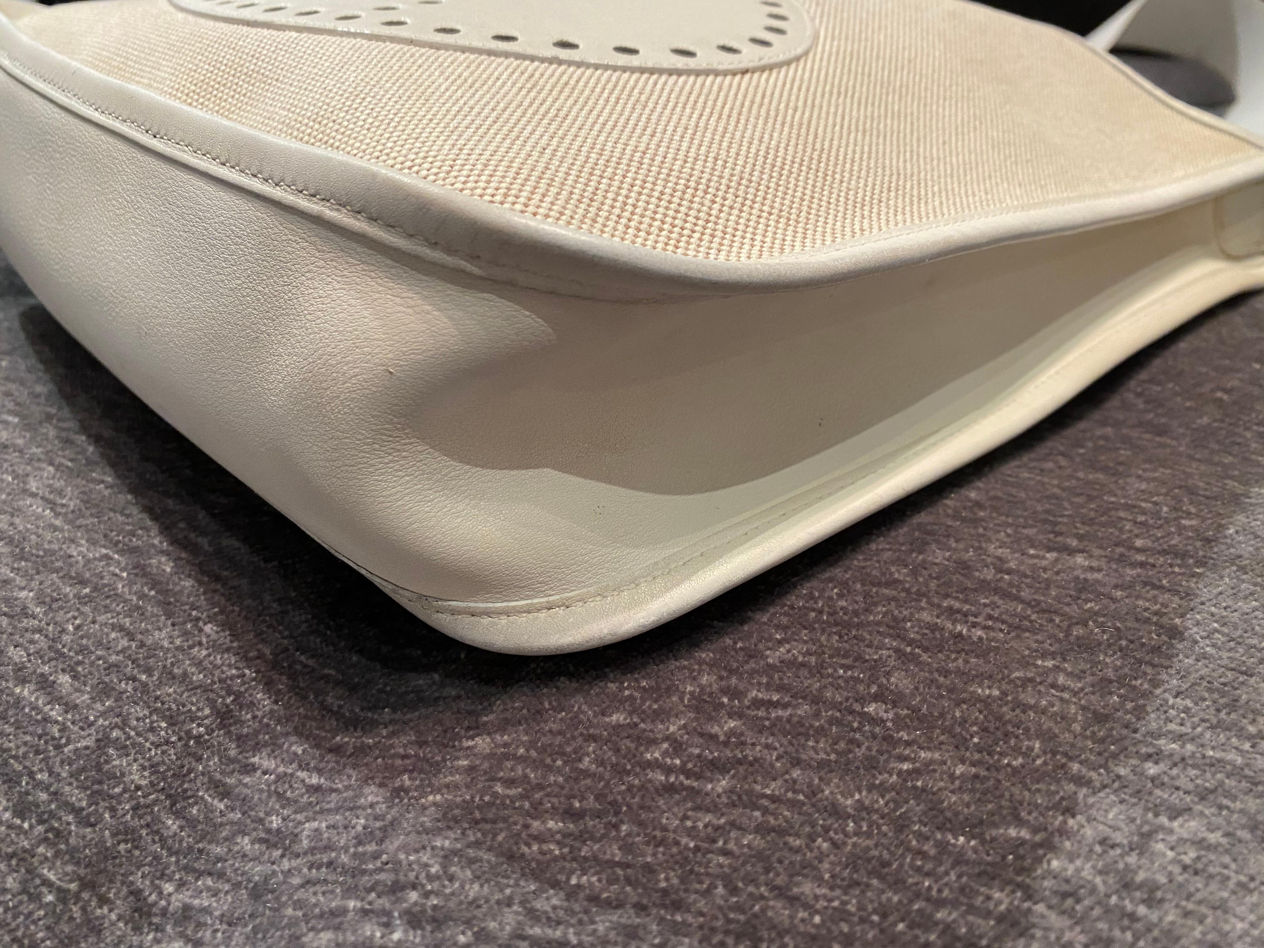 Women's or Men's Hermes Evelyne Pm White Leather/Canvas Shoulder Bag For Sale