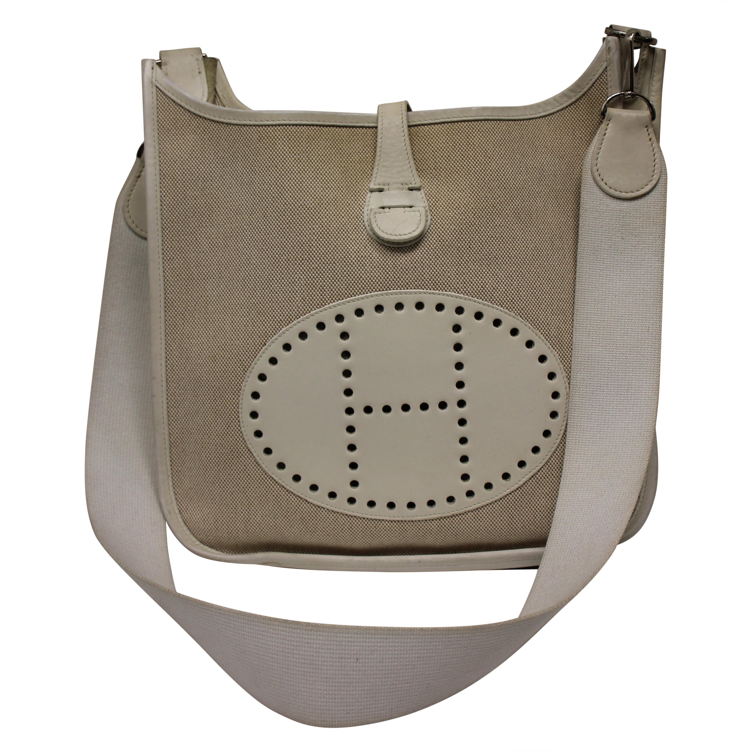 Hermes Evelyne Pm White Leather/Canvas Shoulder Bag For Sale