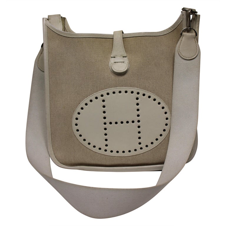 Hermes Evelyne Pm White Leather/Canvas Shoulder Bag For Sale at 1stdibs