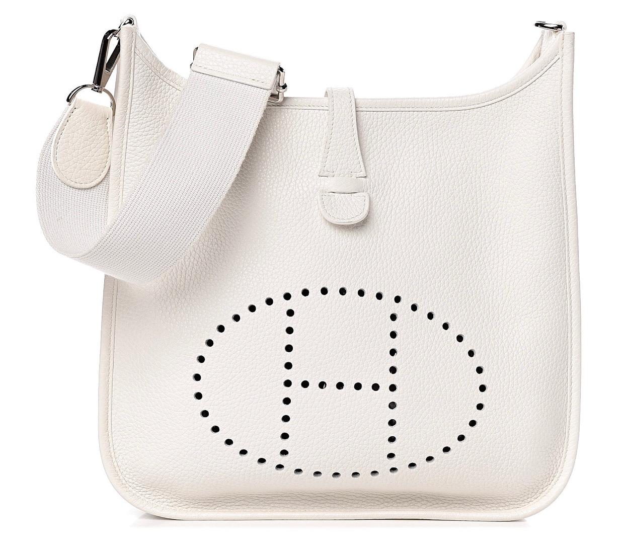 Hermes Evelyne  PM shoulder bag
White Leather bag 

One inside pocket 
Length 11 