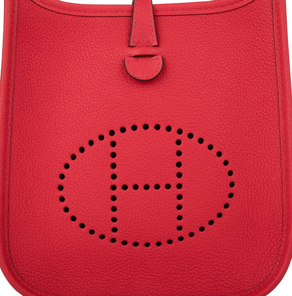 Guaranteed authentic Hermes Amazone Evelyne TPM bag featured in vibrant Rouge De Coeur.  
Taurillon Maurice leather is an alternative to clemence and retains the shape with better hold. 
A beautiful flat small grain.
The Rouge De Coeur and Blue Du