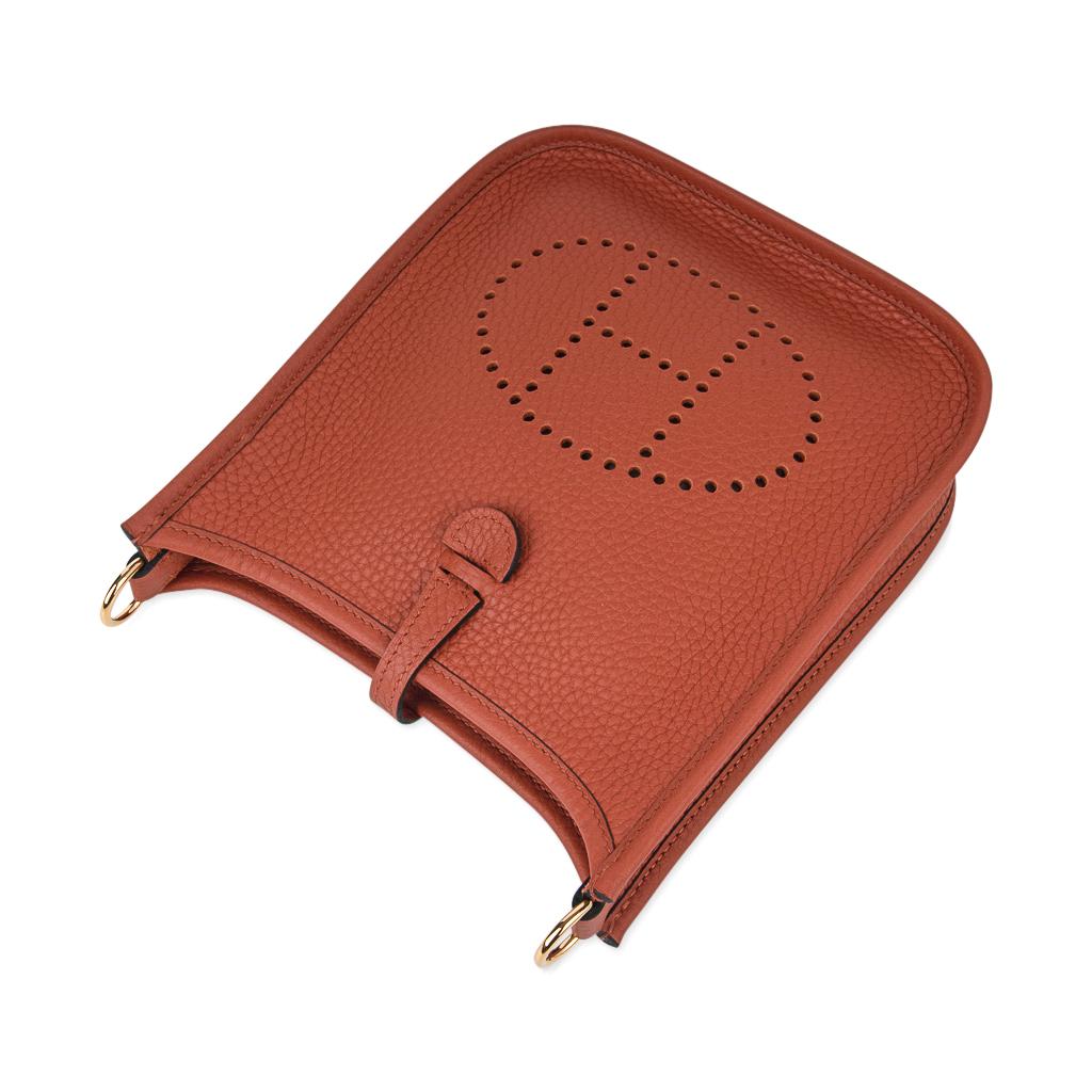 Guaranteed authentic Hermes Evelyne TPM bag featured in Cuivre.  
Beautiful coppery brown in Clemence Leather.
Stunning with Gold hardware.
Signature perforated H on front of bag.
Fabulous shoulder or cross body bag. 
Sport strap in textile with
